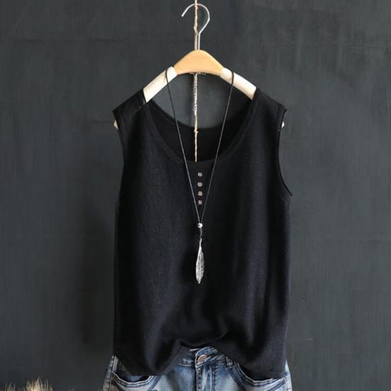 Women Vest Round Neck Buttons Decor Sleeveless Tank Tops Solid Color Loose Fit Thin Summer Tops Daily Wear