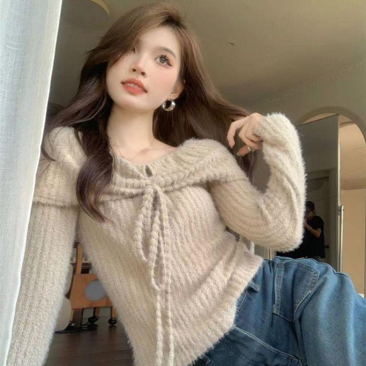 Koreanischer Spicy Girl Neckholder Schulterfreier Pullover - Damen Herbst Langarm Stilvolles Oberteil