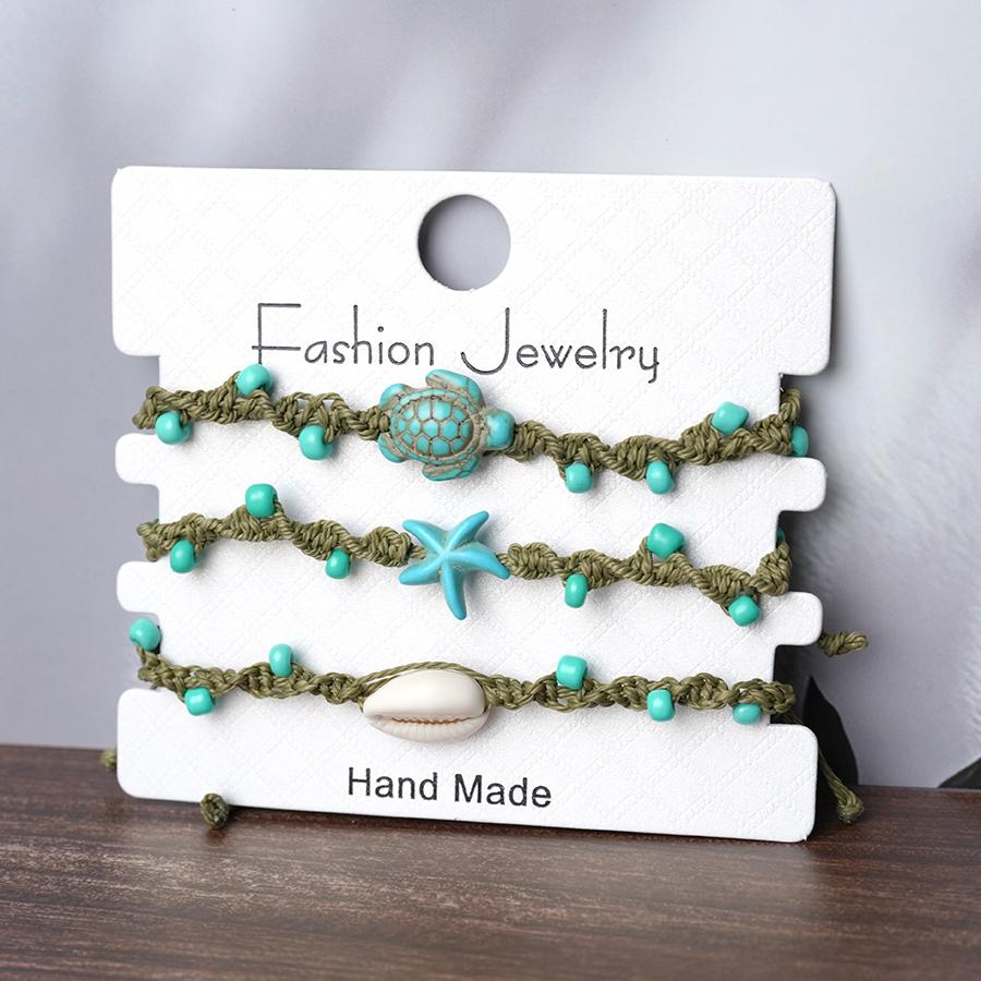 Noter 3Pcs Ladies Sea Creature Charm Bracelet Set Handmade Braided Starfish Shell Turtle Braslet Summer Beach Vacation Jewelry