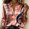 Women Satin Long Sleeve Shirt Music Note Print Blouse Lapel Single Breasted Loose Office Tops