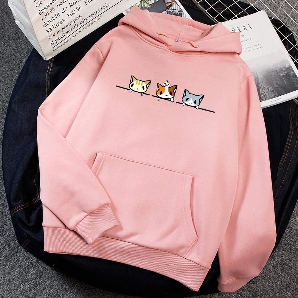 Cat Print Hoodies & Sweatshirts Women Thick Velvet Round Neck Hoodie Winter Warm Pullover Casual Sweatshirt
