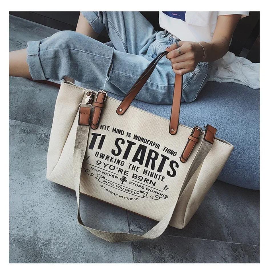 New Korean Edition INS High Capacity Canvas Tote Bag Casual Student One Shoulder Crossbody Handbag