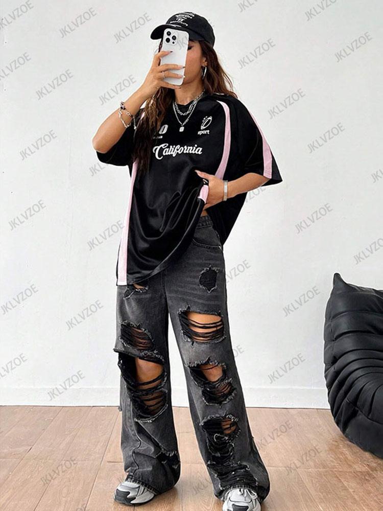 Summer Black and Pink Retro Patchwork T-Shirt, Sports Breathable Short-Sleeve Women's T-Shirt