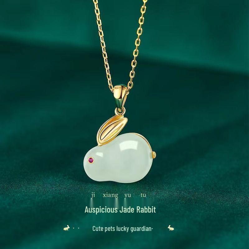 Sand Gold Unisex Jade Rabbit Pendant - Double-Eared Alloy Ornament for Safety