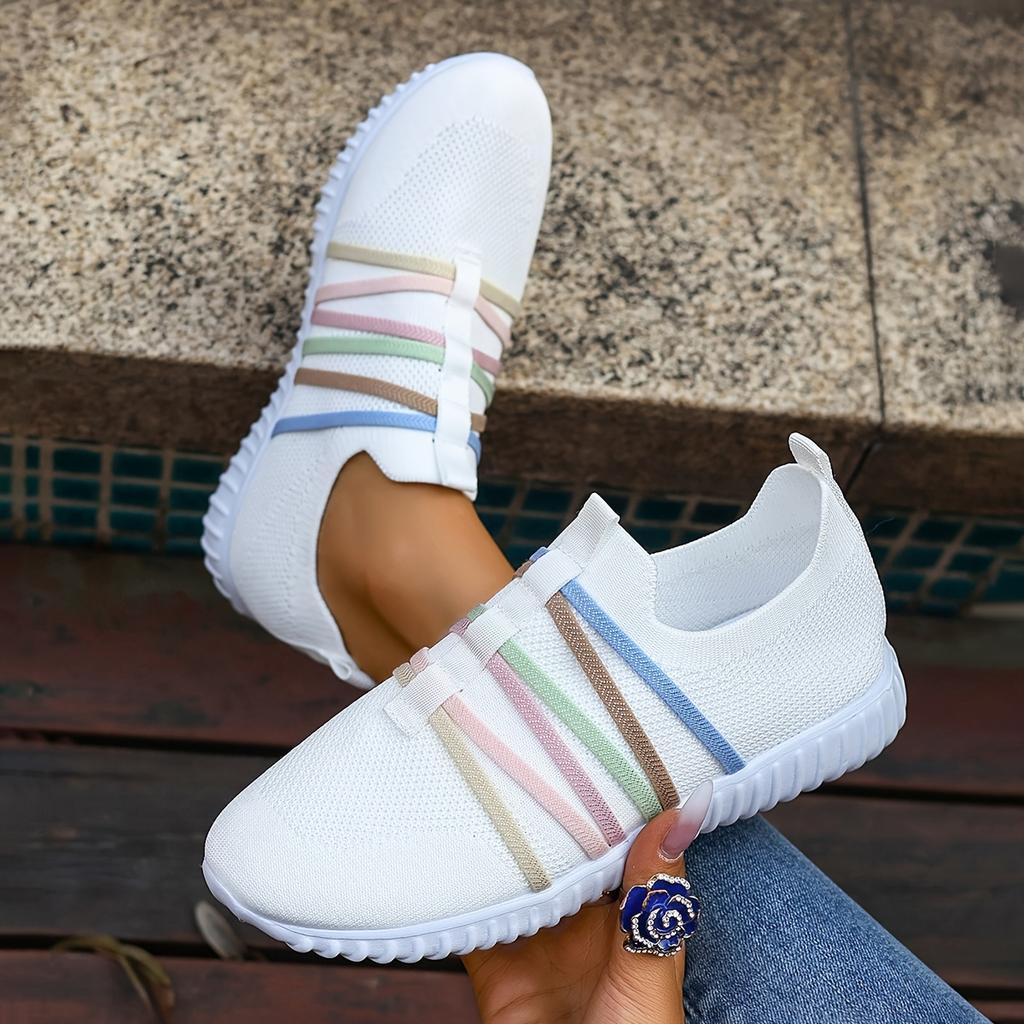 Women'S Casual Slip-On Sneakers - White Fabric Upper with Colorful Strap Design, Low Top, EVA Sole, All-Season Comfort Shoes, Casual Footwear