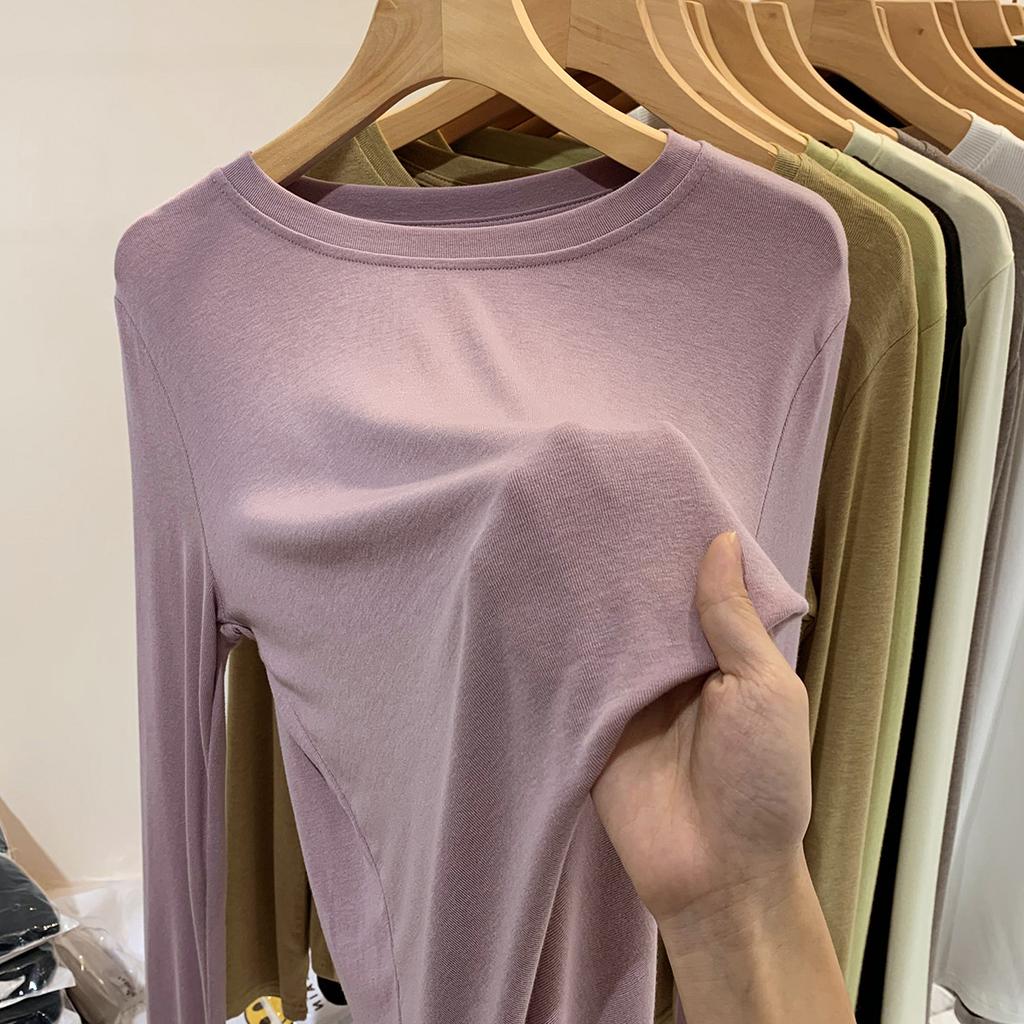Long sleeve T-shirt women spring and autumn new loose everything with solid color crew-neck base shirt with elastic thin shirt