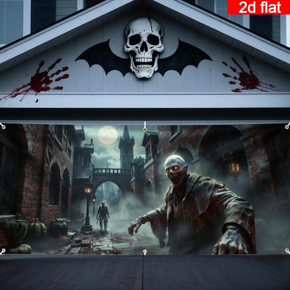 2D flat, 1 large Halloween garage door flag - zombie apocalypse decoration with tattered shirt zombie, horror scene background
