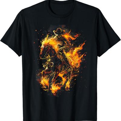 Geistpferd Flammen Cowboy Grafik T-Shirts Männer Frauen Jungen Mädchen T-Shirt