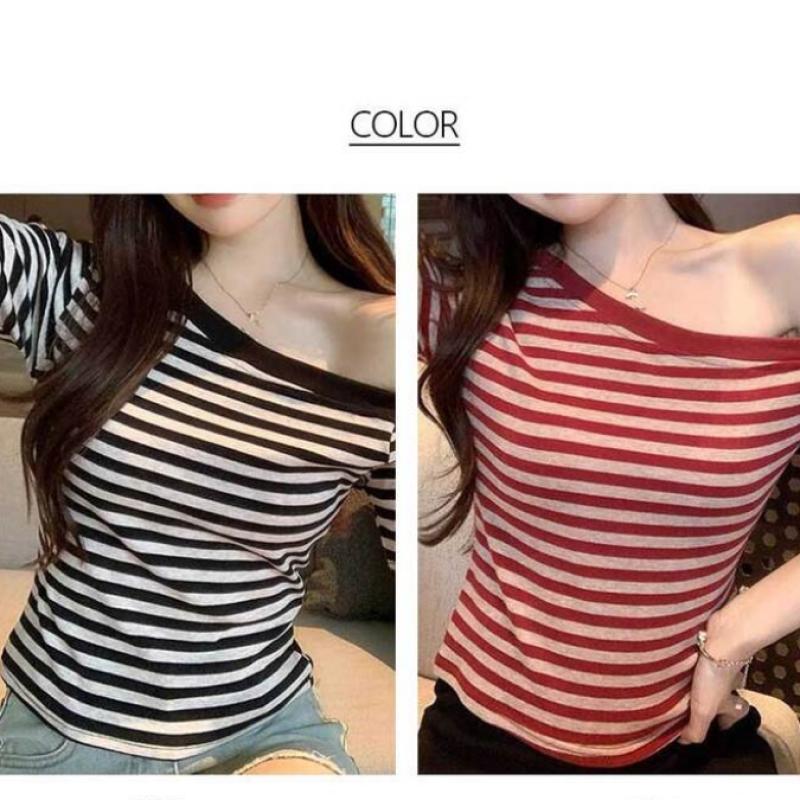 Shop   Women S Off Shoulder STriped ShorT Sleeve T ShirT wdmS wSh TS14472263