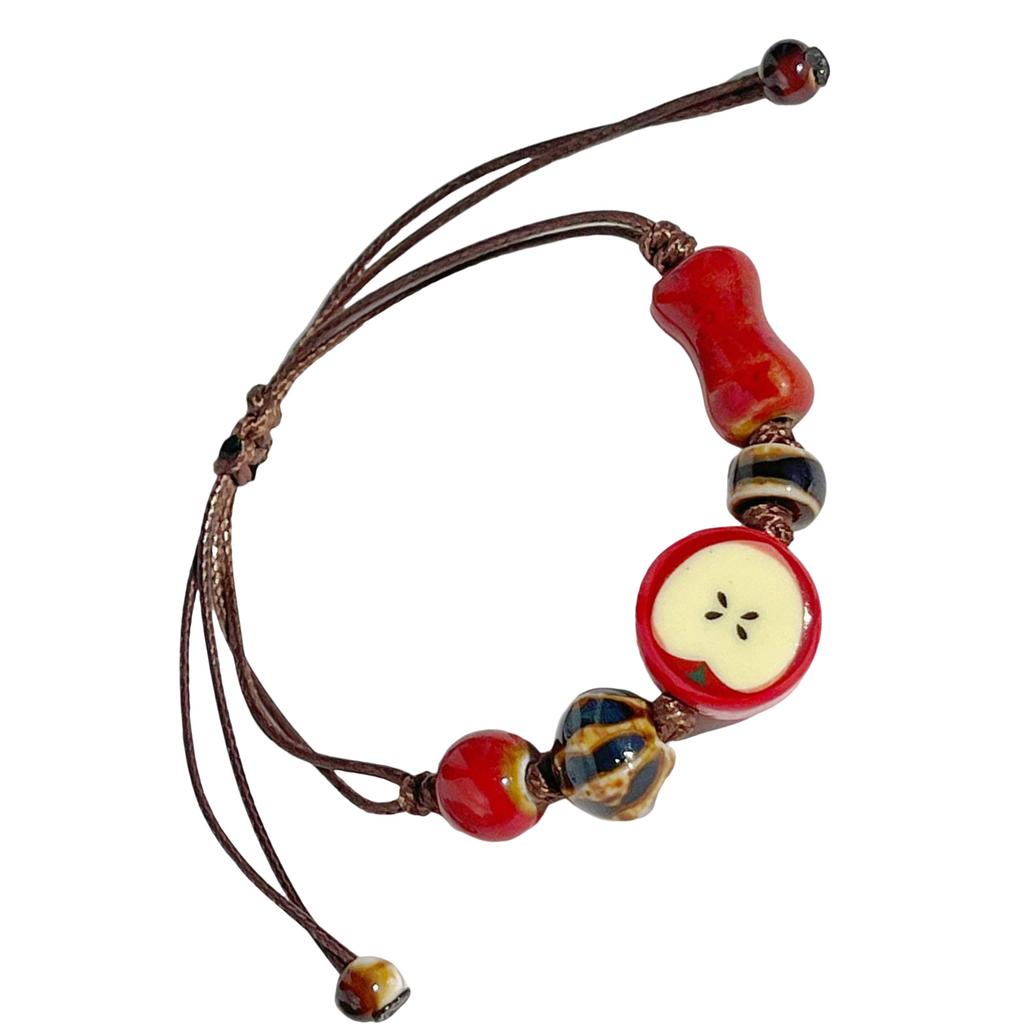 Artistic Ceramic Bracelet Apple Charm Bracelet Handwoven Cord Bracelet Present for Youthful Trendsetters and Art Lovers