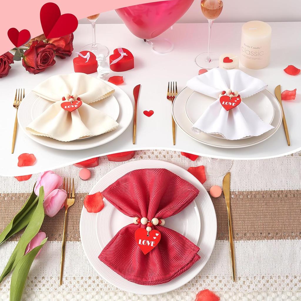 APTWOW Valentine Napkin Rings Set of 6, Wood Bead Red Heart Valentines Napkin Rings, Valentines Napk Rings for Valentines Table Decor, Wedding,