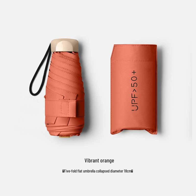 Five-Fold UV Protection Compact Sun and Rain Umbrella, Black Glue Coating.