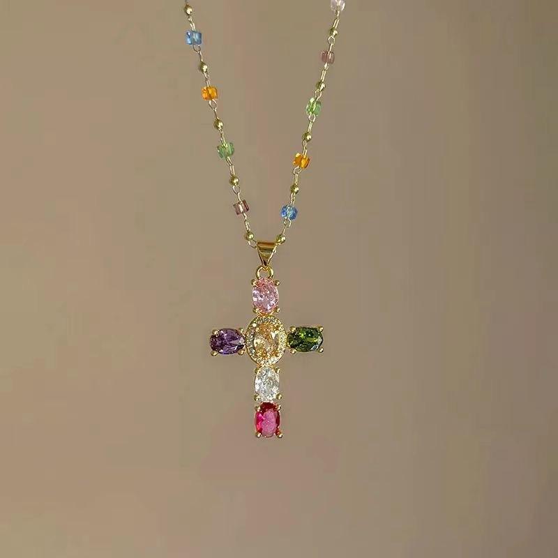 Fashion Colorful Zircon Cross Pendant Necklace For Women Stainless Steel  Color Charm Religious Necklaces Jewelry Gifts