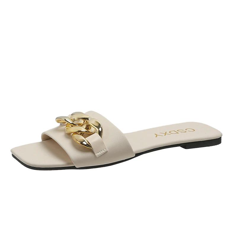 Fashion New Chain Women Slippers Summer Slippers Low Heel Women's Sandals Indoor Bathroom Outdoor Walk Fashion Show Plus Size 35-42