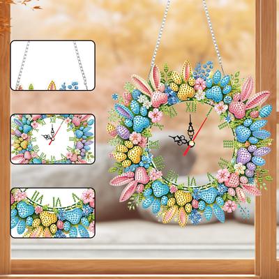 Acrylic Easter Bunny Craft Set 5D Diamond Painting Clock Art Craft DIY Rhinestone Timepiece Bunny Diamond Art Pendant Home Decor