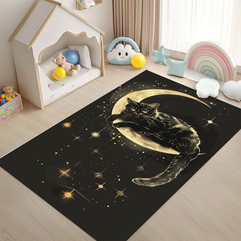 Enchanting Black Cat on Crescent Moon Carpet Magical Starry Night Rug Plush Mat with Gold Star Accents Living Room Bedroom