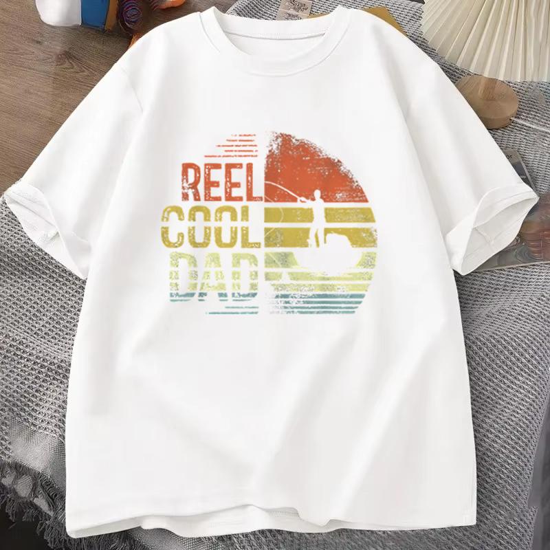 Fishing Dad T‑shirt "Reel Cool Dad" Retro Sunset Fisherman Design Casual Short Sleeve Mens Tee Fathers Day Gift Fishing Tee Top