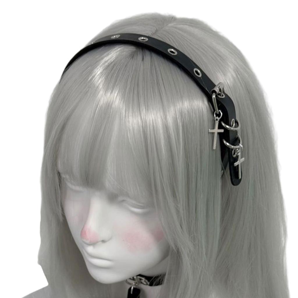 Punk Gothic Cross Design Leather Headband For Women Daily Use Cosplay Y2K Fashion