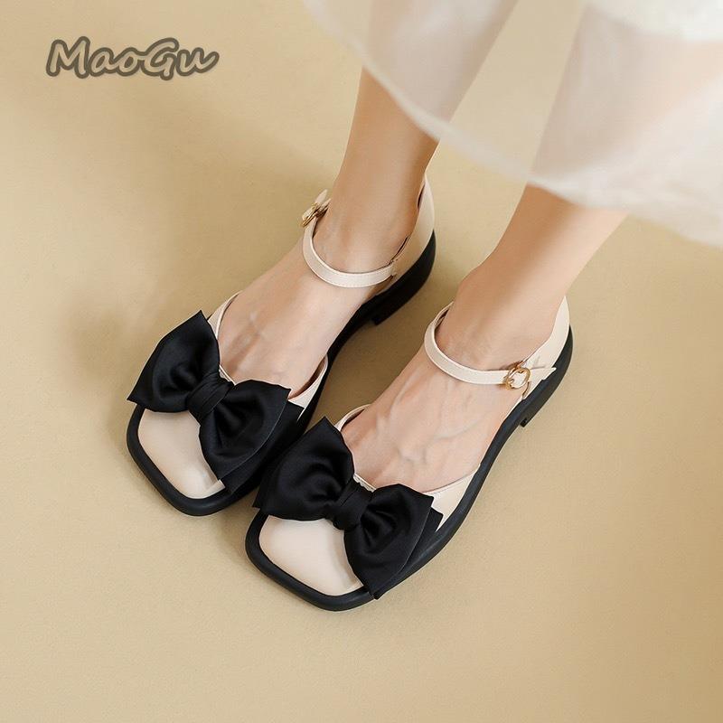 Fashion Spring Summer Mid Heel Sandals Women's New 2025 Head Cover Pumps French Style Bowknot Mary Jane Shoes Zapatos Para Mujer Size39
