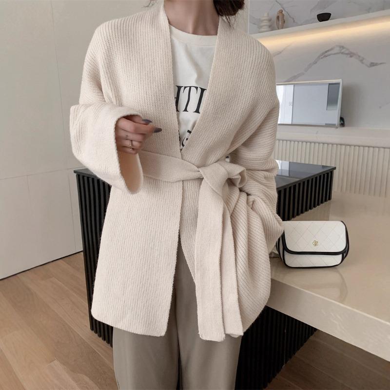 Temperament Lazy Wind Lace-up Knitted Cardigan Women's Autumn and Winter New Loose Medium and Long Sweater Jacket Women
