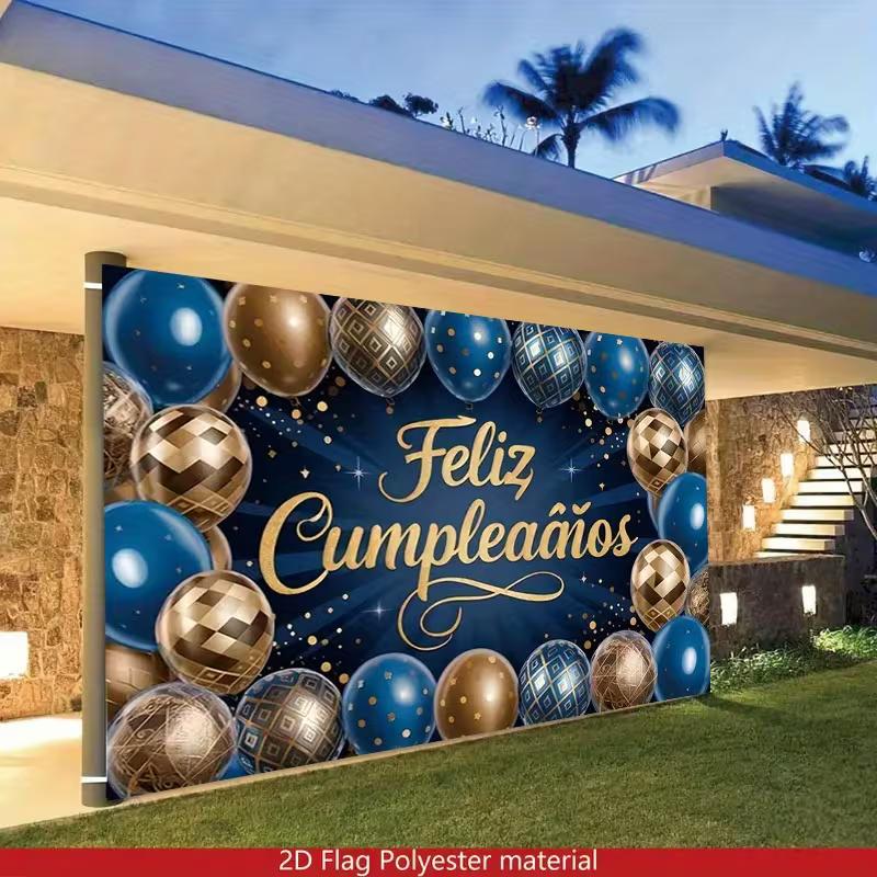 2D Feliz Cumpleaños Backdrop, Spanish Blue Gold Happy Birthday Party Photo Banner 47.2x31.5inch/120*80cm