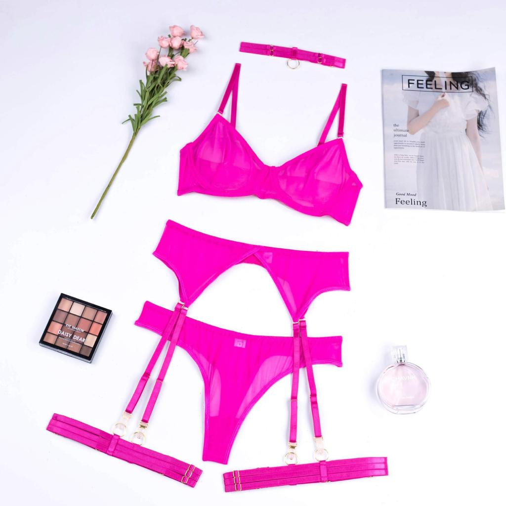 Sexy erotic underwear solid color ultra-thin mesh yarn perspective temptation big chest small thong five-piece set