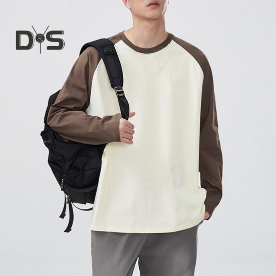 Men Spring Autumn T-shirt Color Matching Loose Round Neck Long Sleeves Pullover Top Casual School Sport Clothes
