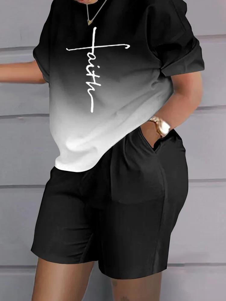 Casual Top & Shorts Set Sets Casual Short Sleeve Tshirt Outfit Women Summer Gradient 3D Print Pocket Short Sets Suit Female T Shirt Shorts