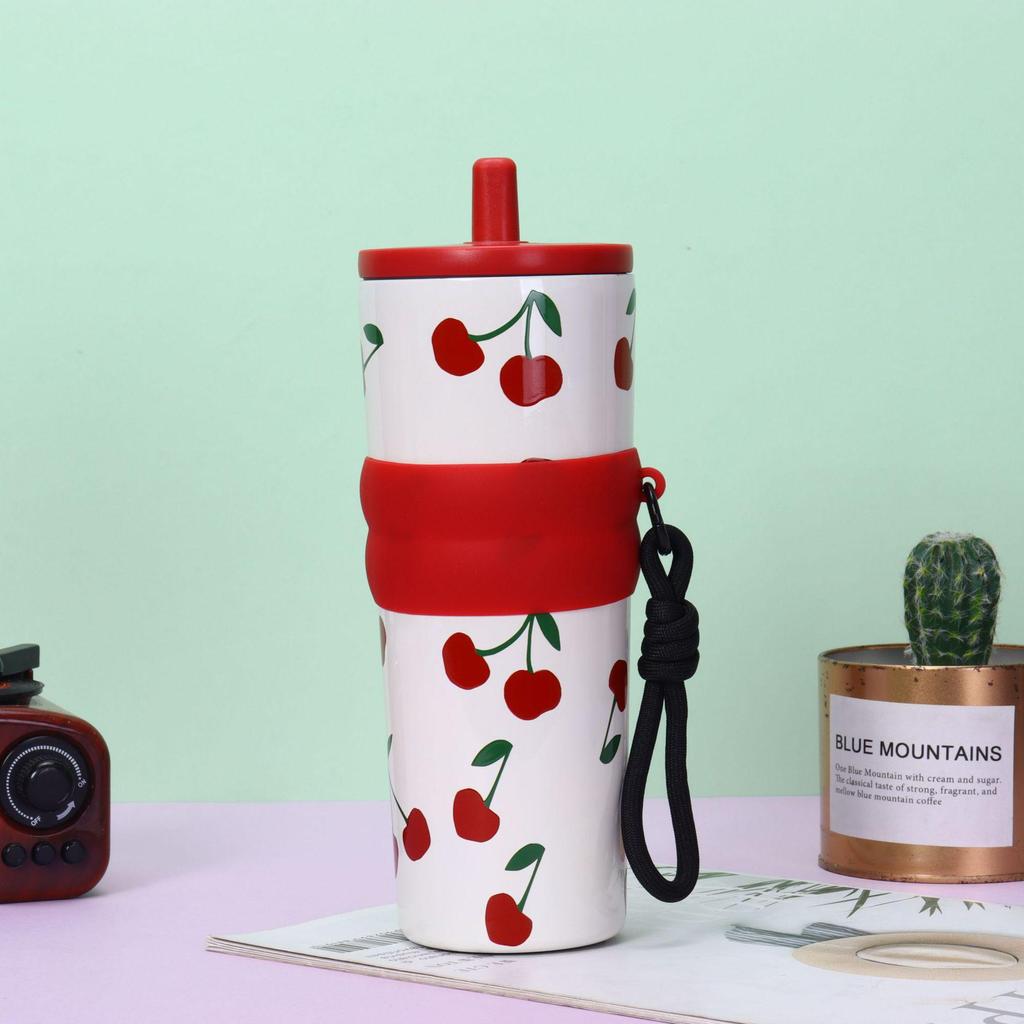Sleek Gradient Stainless Steel Insulated Straw Cup with Portable Strap