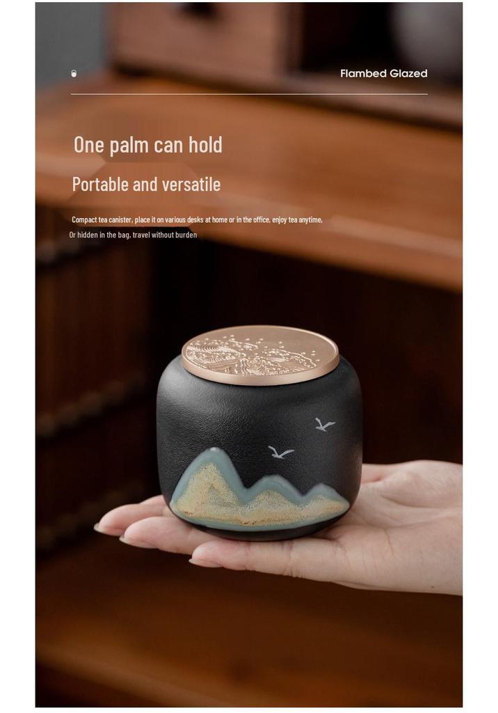 Hand-painted Black Ceramic Tea Caddy with Distant Mountain Design - Small, Simple, Sealed for Freshness