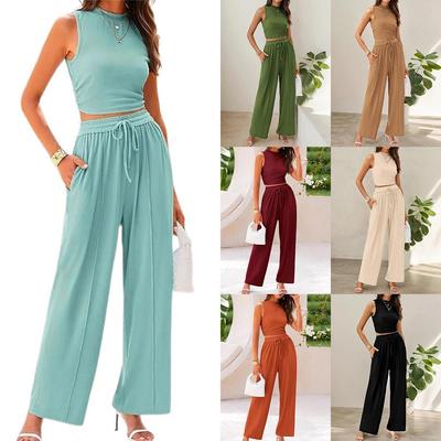 2026 Women's Knit Casual Two-Piece Set: Short Tank Top & Wide-Leg Sports Pants