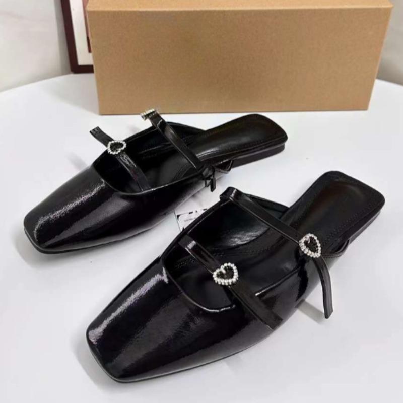 Patent Leather Black Women Flats  Spring Diamond Buckle Strap Big Size Retro Square Toe Luxury  Ladies Mules Shoes