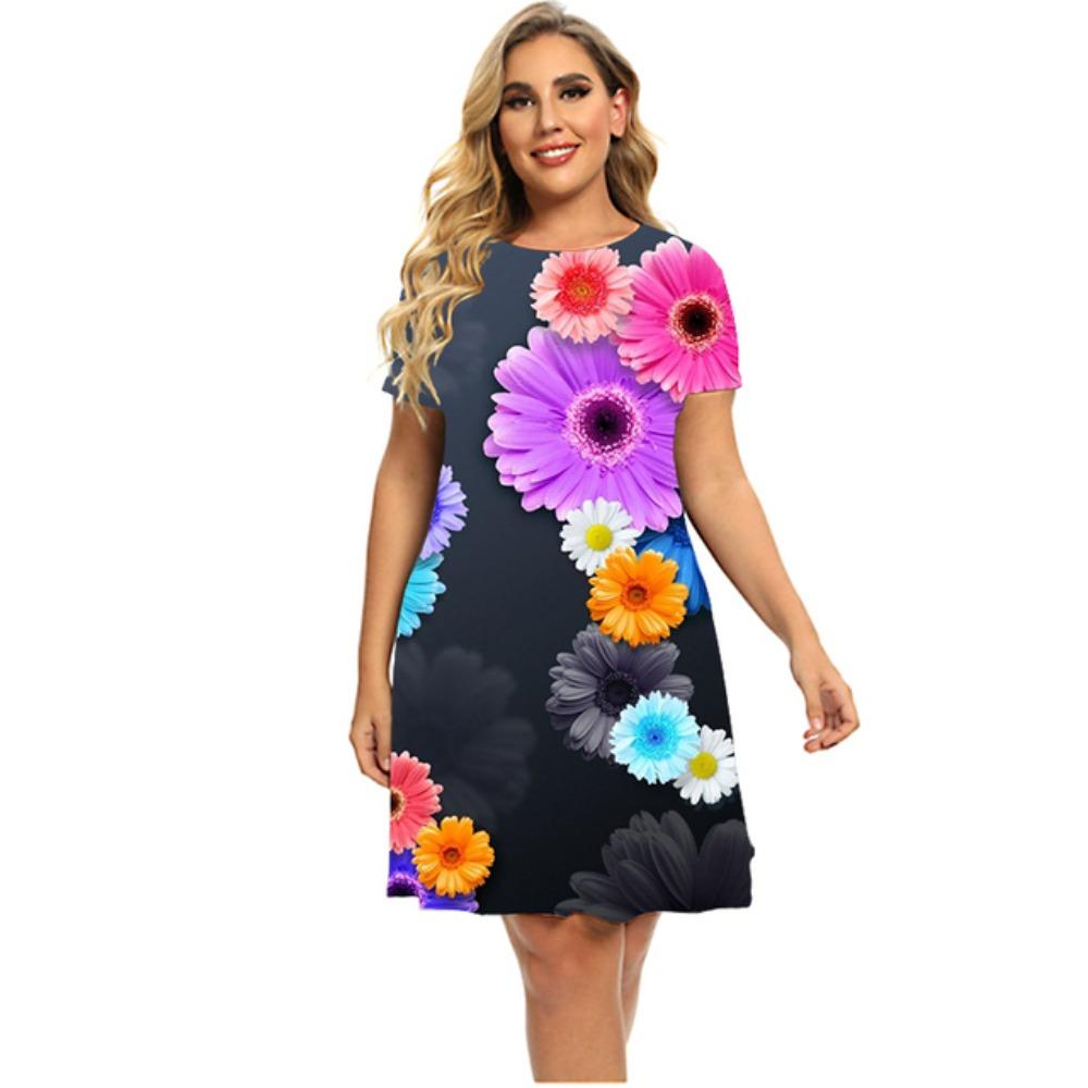 

New Plant Gradient Flower Energy Daisy 3d Printing Dress Summer 2026 Women s Hipple Short-sleeved Dress Fashion Clothing 6XL