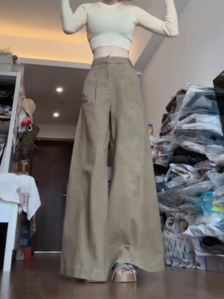 Women's American Retro Khaki Wide-Leg Flare Jeans - Spring/Autumn 2025 Collection, Loose Drape A-Line Floor-Length Pants
