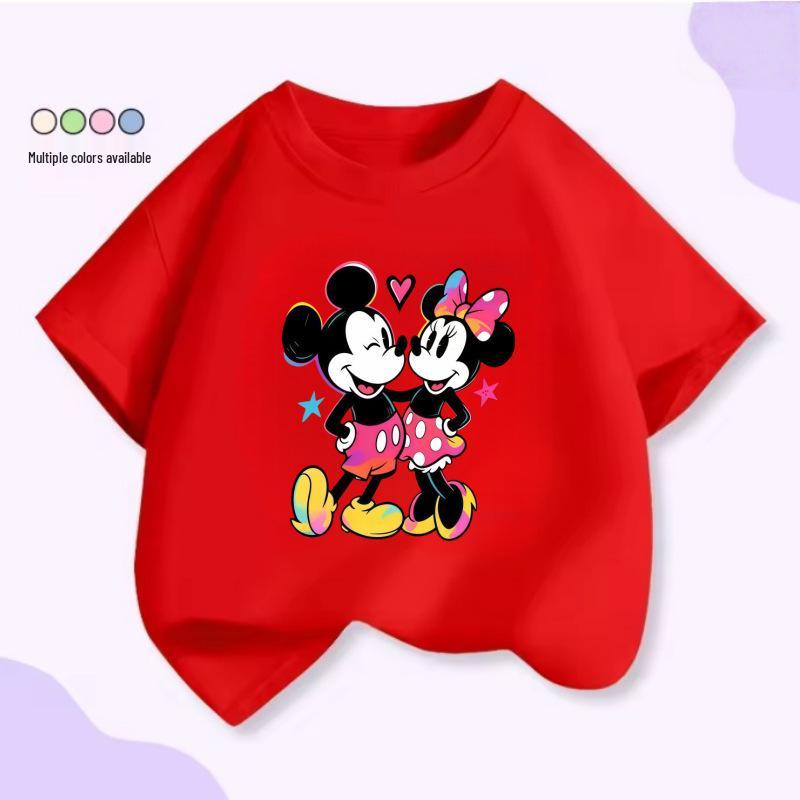Cartoon Mickey & Minnie Print Summer Short Sleeve Cotton T-Shirt for Kids - Round Neck, Casual Fit