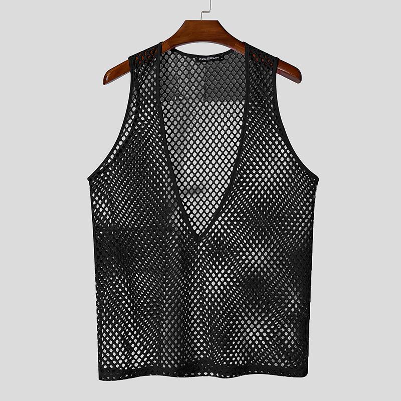 

INCERUN Мужские майки без рукавов с глубоким V-образным вырезом, с вырезами, прозрачные, повседневные, пляжные M