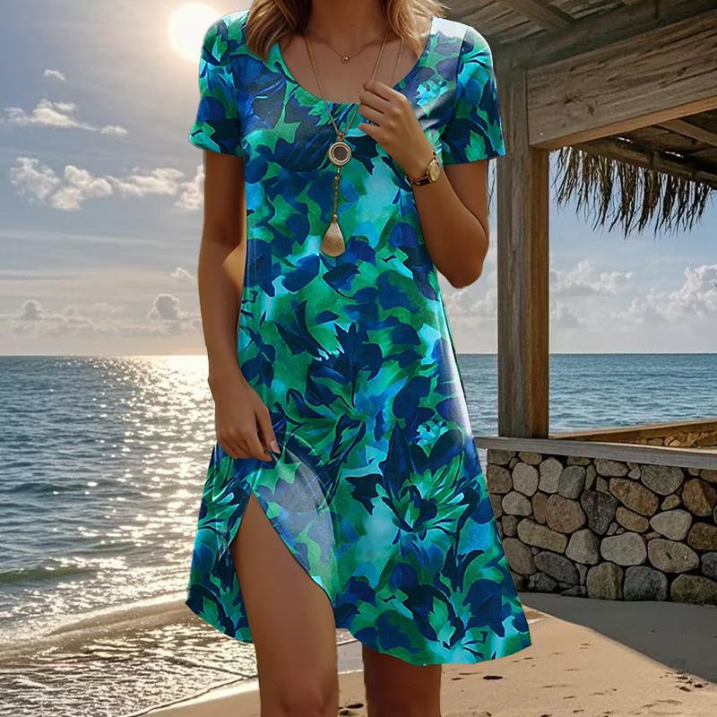 

Женская мода изящный ретро принт лето весна короткий рукав О-образный вырез повседневные платья 6XL темно-синий