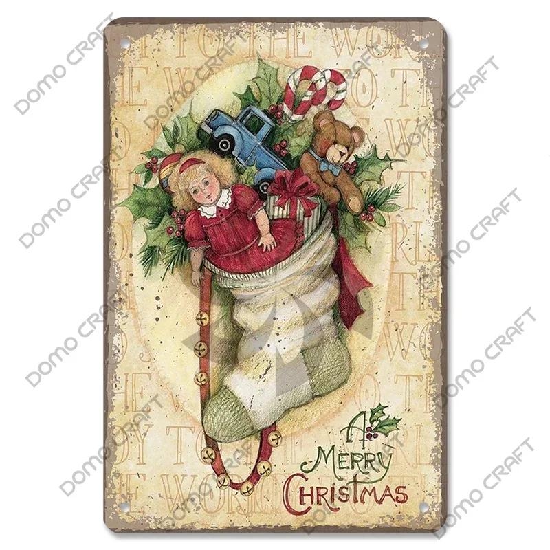 Retro Christmas Decor Vintage Metal Tin Sign with Cake Music Box Christmas Tree for Bakery Candy Shop Home Wall Art