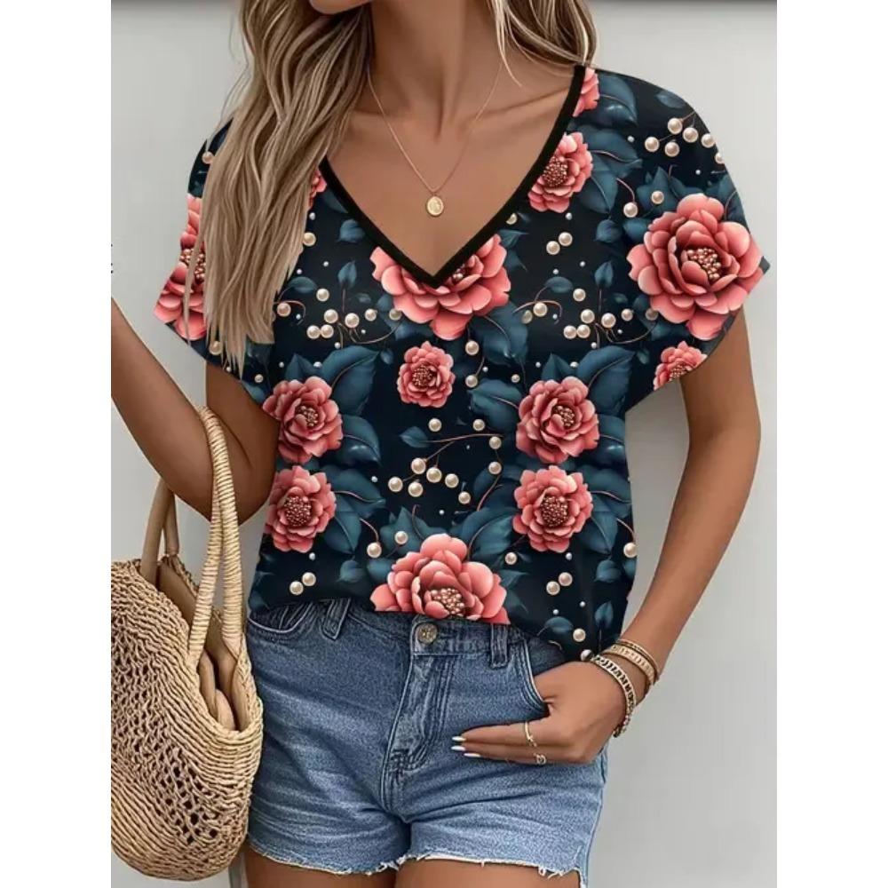 Summer Women Beautiful Flowers V Neck Casual Fashion Tops Comfortable Loose Short Sleeve T-shirt