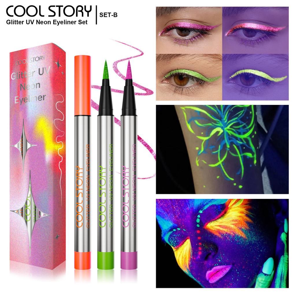3 Pearlescent Fluorescent Eyeliner Set UV Face Color Lasting Quick Drying Waterproof Sweat Body Painting Suitable for Stage Halloween
