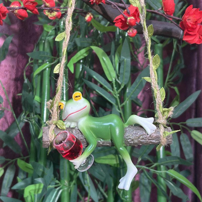 Hanging Swing Frog Resin Ornament With Wine Cup Tree Hanging Statue Yard Patio Balcony Garden Micro Landscape Decor