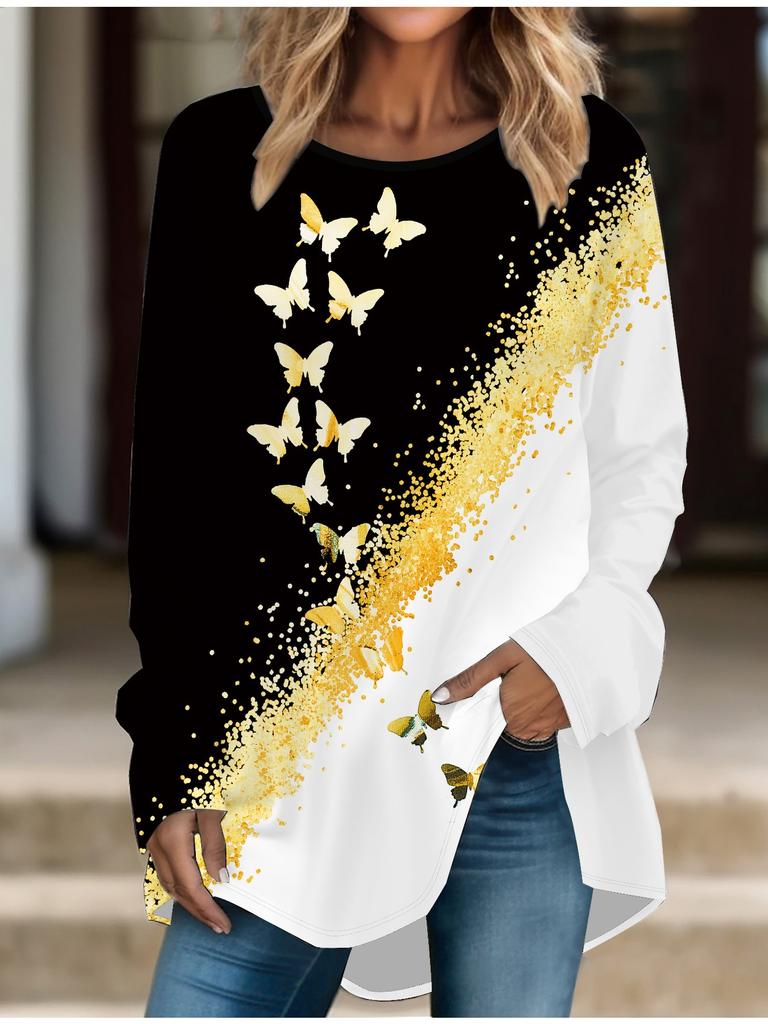 Übergröße Damen Frühling Schmetterlingsdruck Bequemes Langarm Rundhals T-Shirt Lässig Weit Mittelang Tops