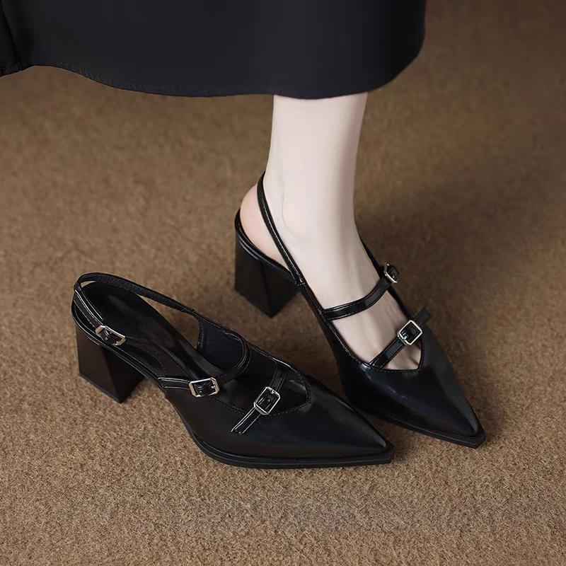 

Fashion Four Season Patent Leather Double Buckle Mary Jane High Heels for Women Xia Jue Baotou Block Heel with Skirt Sandals 35 чёрный