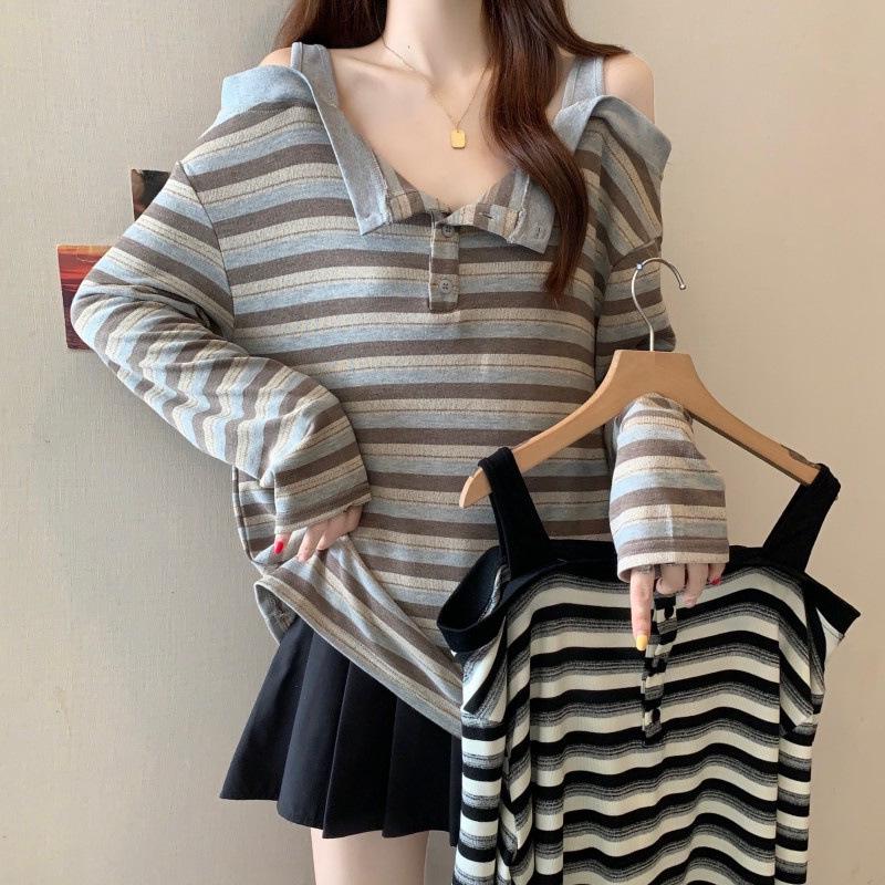

Plus Size Off-Shoulder Striped Long-Sleeve Top for Fall 2XL коричневый