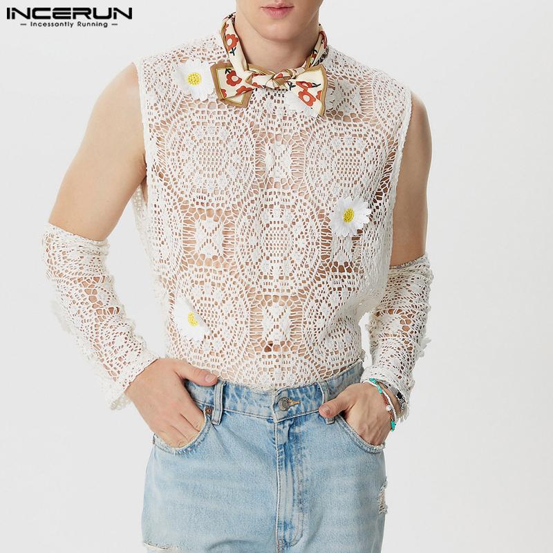 

INCERUN Летние мужские топы без рукавов с круглым вырезом и цветочным принтом, ажурный прозрачный жилет 3XL чёрный