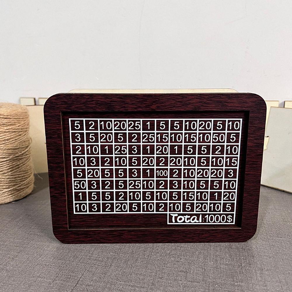 USD or EURO Cash Vault Wooden Savings Box with Money Target and Numbers, Coin Counter Piggy Bank with Counter and Pen