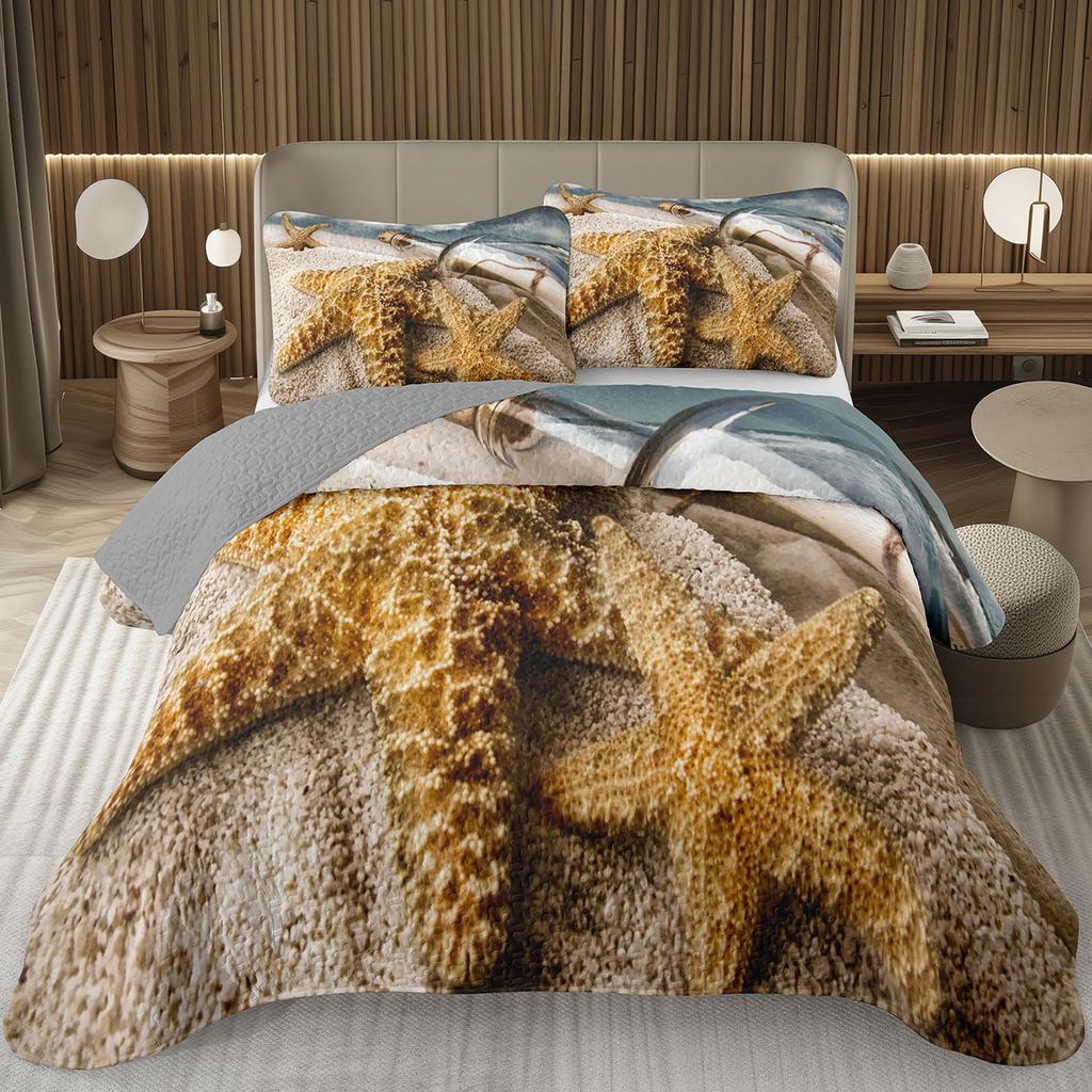 Starfish Bedspread Queen/Full Cute Ocean Creatures Quilted Coverlet 2/3 Piece Tropical Beach Theme Bedding Set for Teens Adult