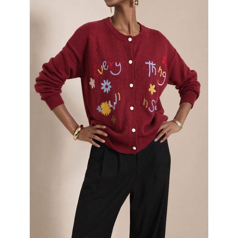 TIFICY Women's Fashion Casual Fall Winter Flower Pattern Print Long Sleeve O-Neck Sweaters