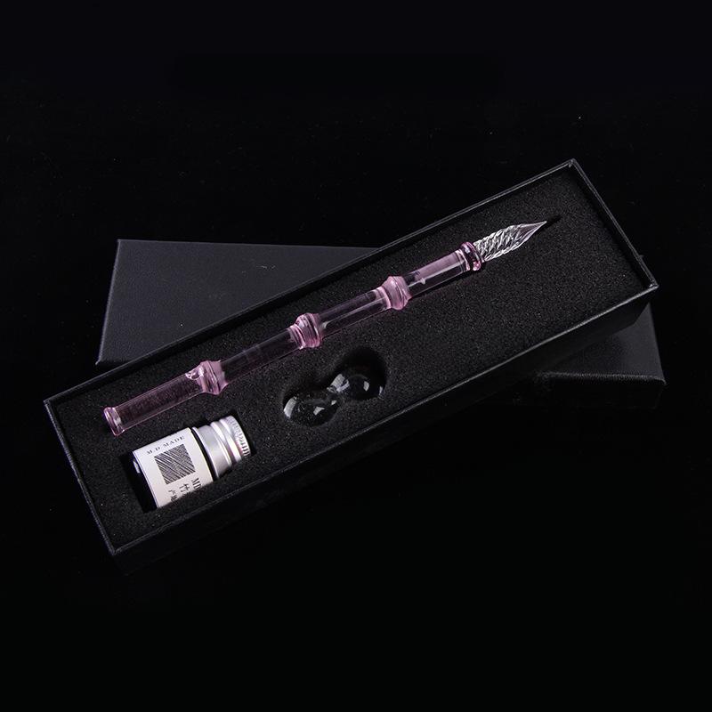 Bamboo Glass Dip Pen with Artistic Colored Ink Calligraphy Crystal Signature Pen for Drawing Writing Office School Supplies