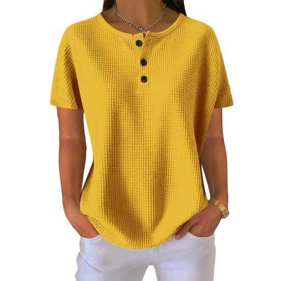 

Women Tops Crew Neck Buttons Half Placket Short Sleeves Casual Tops Pure Color Loose Fit Waffle Texture Summer T-shirt XL жёлтый